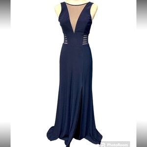 Navy Blue Gown with Side Slits and V-Neck